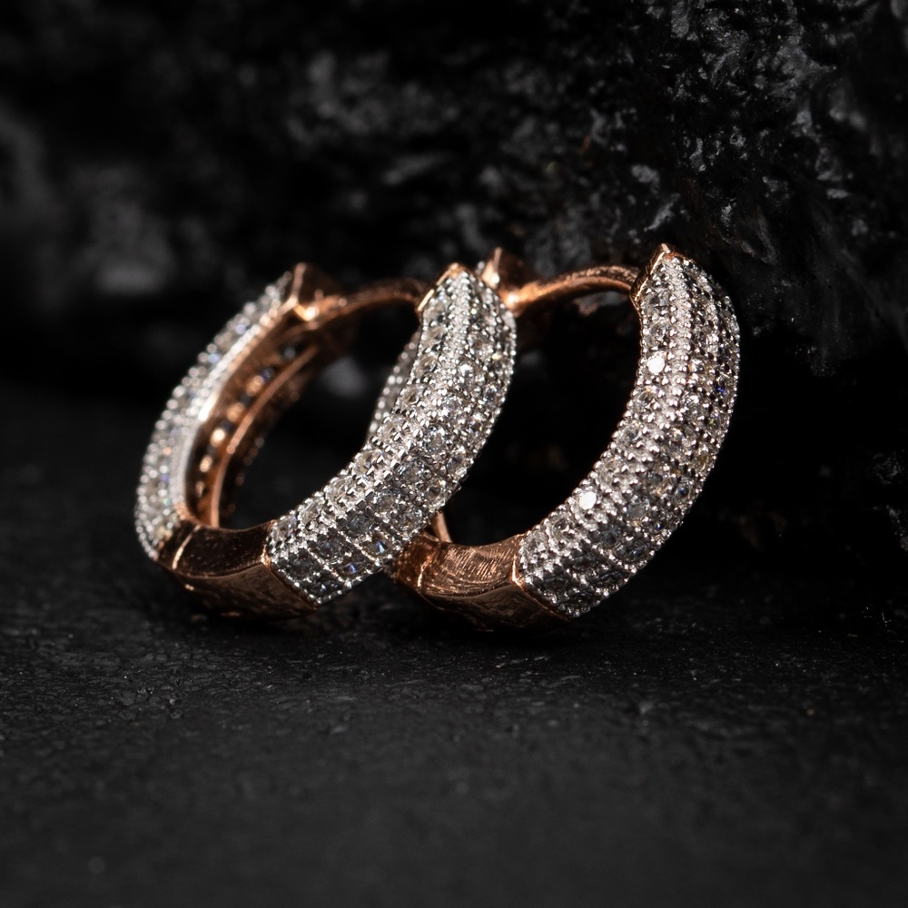 Mens Iced Two Tone Rose Gold Sterling Silver Small CZ Huggie Hoops Earrings